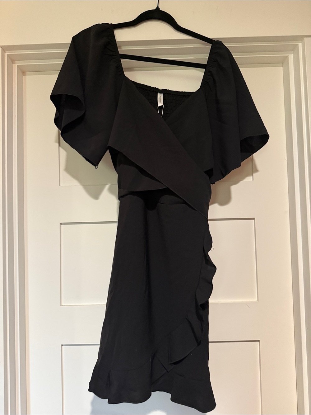 Black Ruffle Wrap Mini Dress with Flutter Sleeves